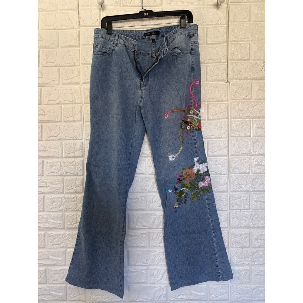 Juliette Jeans Women 12 Blue Denim Embroidered Floral Bird Bootcut Stretch Pants
